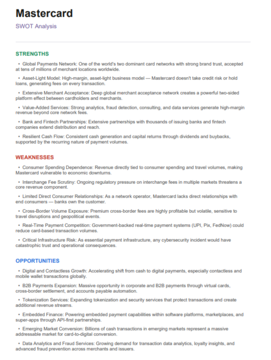 Mastercard Swot Analysis  - Free AI swot analysis Generator, 50+ Real swot analysis Examples
