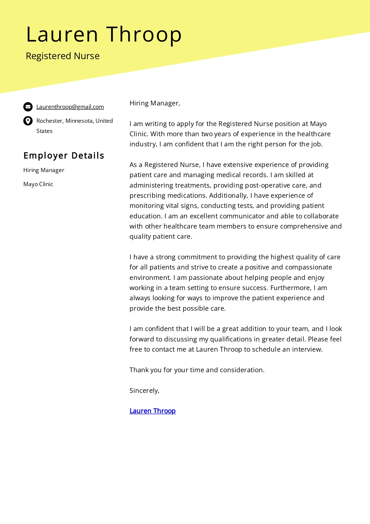 Mayo Clinic Registered Nurse Cover Letter - Free AI Cover Letter Generator, 50+ Real Cover Letter Examples
