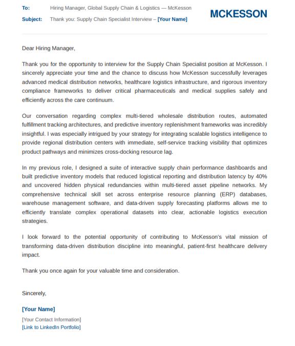 McKesson Supply Chain Specialist - AI Thank you Email after Interview Generator