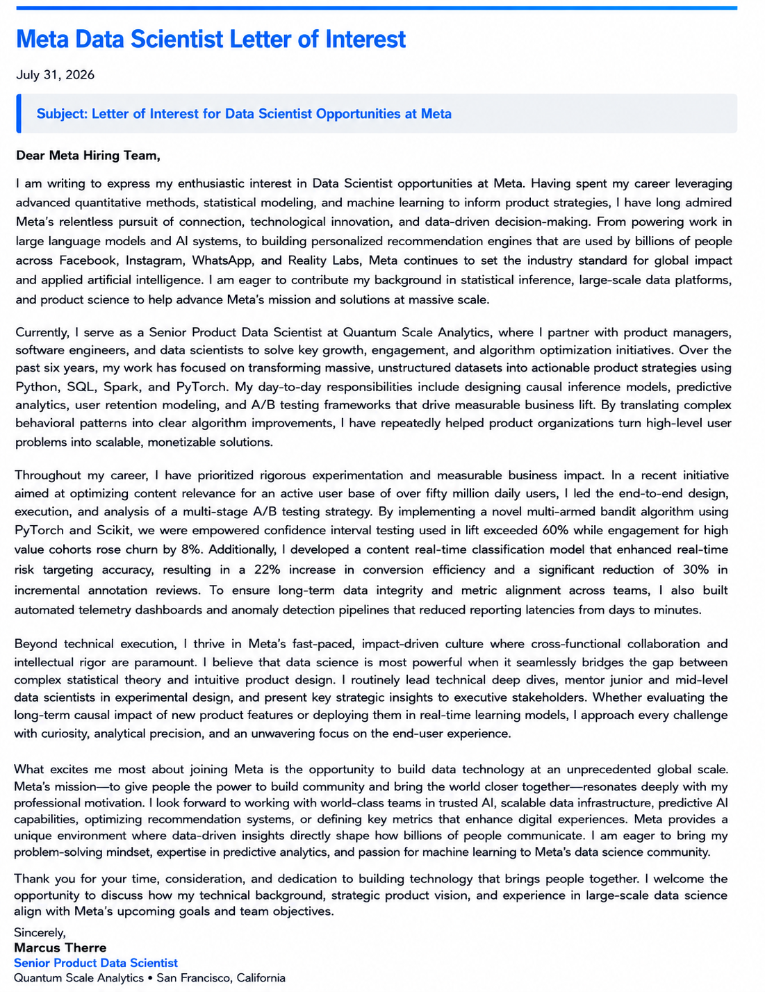 Meta Data Scientist Letter of Interest - Free AI Letter of Interest Generator, 50+ Real Letter of Interest Examples