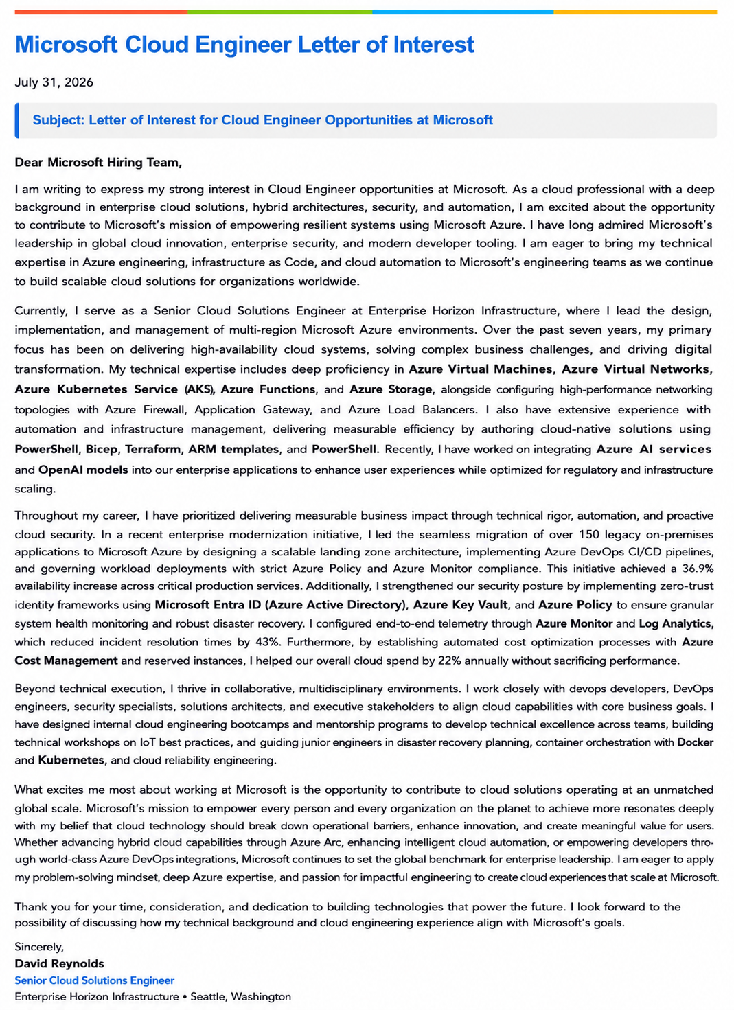 Microsoft Cloud Engineer Letter of Interest - Free AI Letter of Interest Generator, 50+ Real Letter of Interest Examples