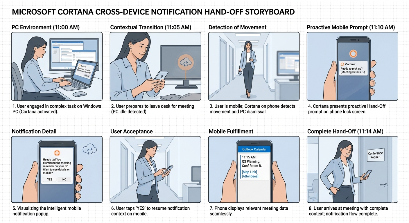 Microsoft Cortana Cross-Device Notification Hand-Off Storyboard - Free AI Storyboard Generator, 50+ Real Storyboard Examples