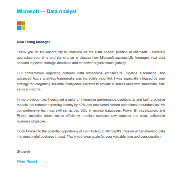 Microsoft Data Analyst - AI Thank you Email after Interview Generator