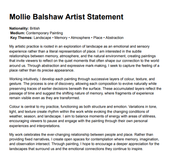 Mollie Balshaw Artist Statement - Free AI Artist Statement Generator, 50+ Real Artist Statement Examples