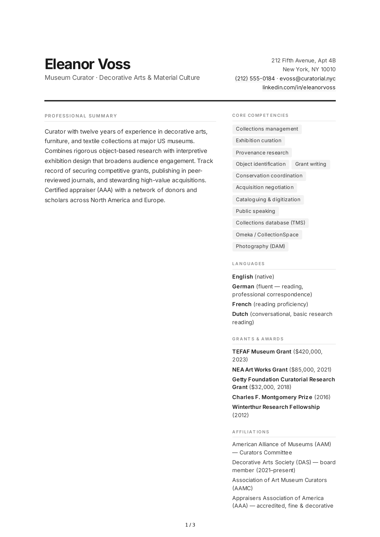 Museum Curator CV - Free AI CV Maker, 50+ Real CV Examples