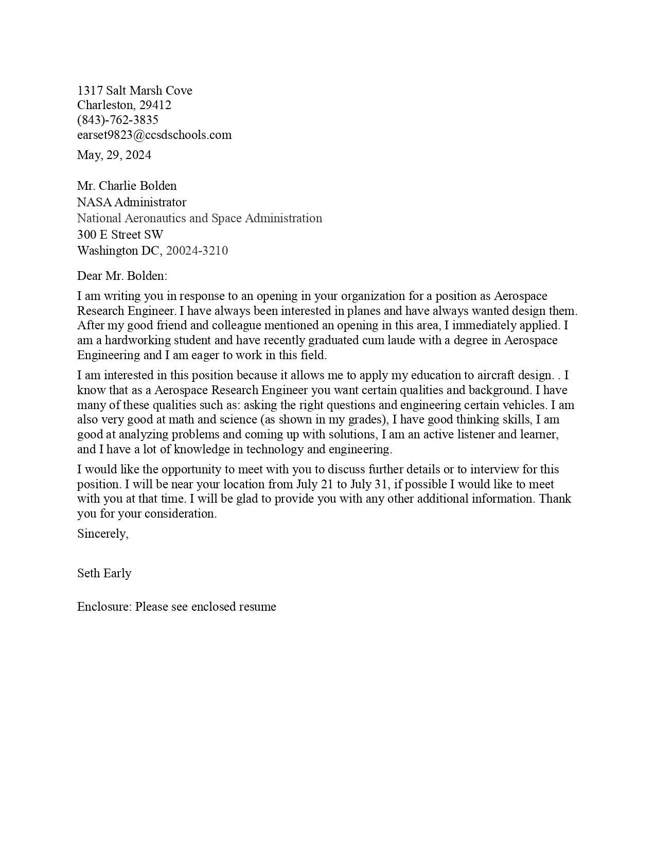 NASA Aerospace Engineer Cover Letter - Free AI Cover Letter Generator, 50+ Real Cover Letter Examples