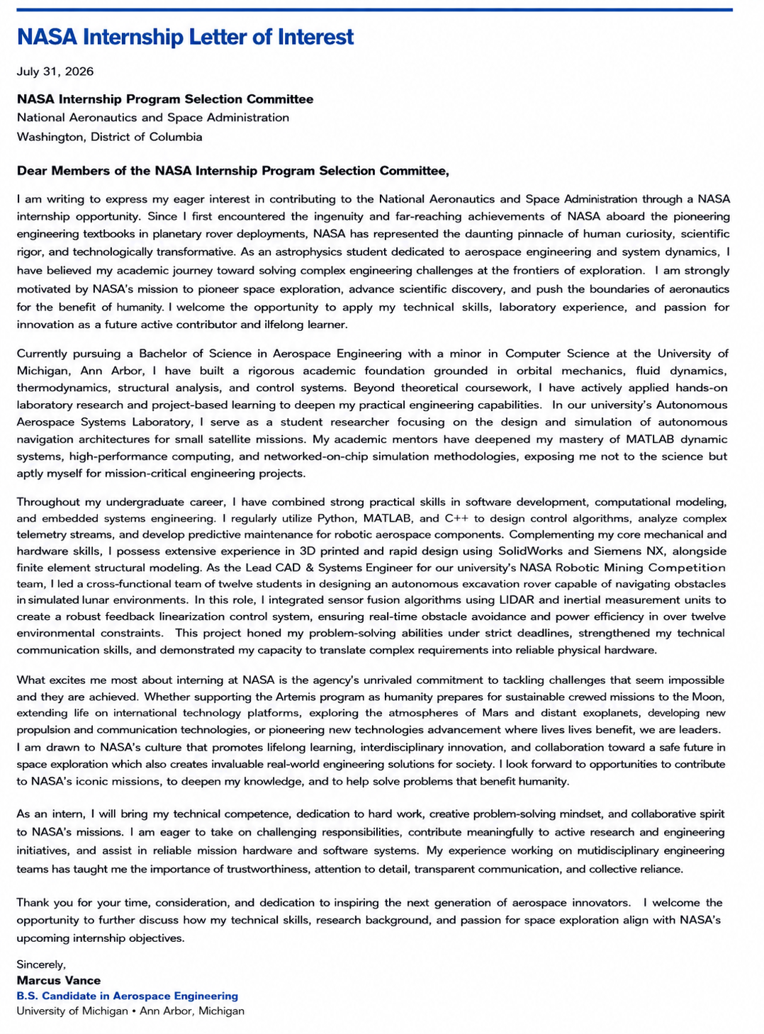 NASA Internship Letter of Interest - Free AI Letter of Interest Generator, 50+ Real Letter of Interest Examples