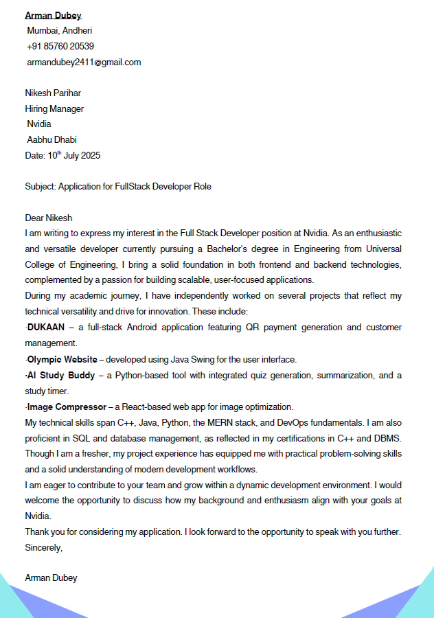 NVIDIA Full-Stack Developer Cover Letter - Free AI Cover Letter Generator, 50+ Real Cover Letter Examples