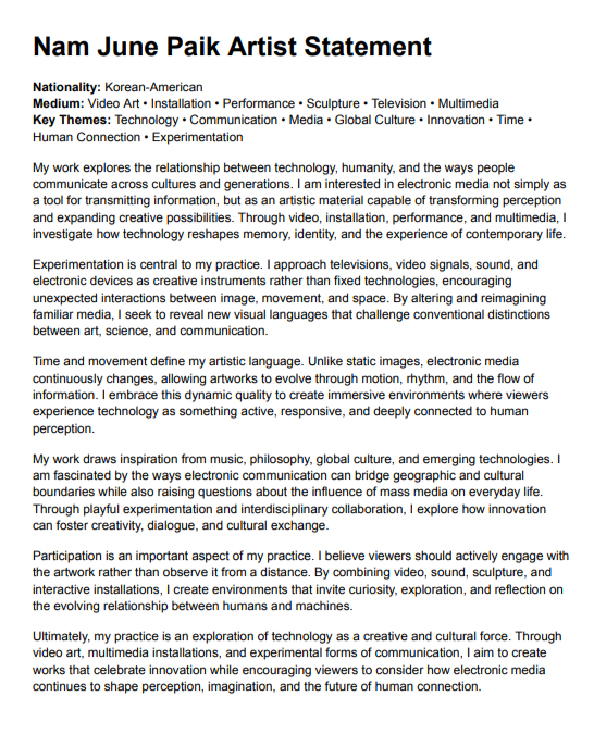 Nam June Paik Artist Statement - Free AI Artist Statement Generator, 50+ Real Artist Statement Examples