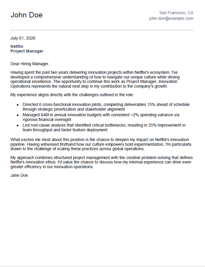 Netflix Project Manager Cover Letter - Free AI Cover Letter Generator, 50+ Real Cover Letter Examples