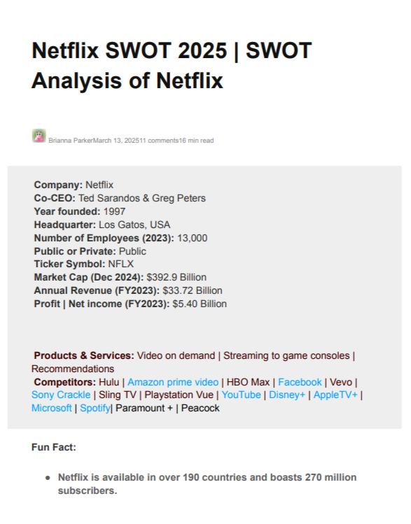 Netflix Swot Analysis  - Free AI swot analysis Generator, 50+ Real swot analysis Examples