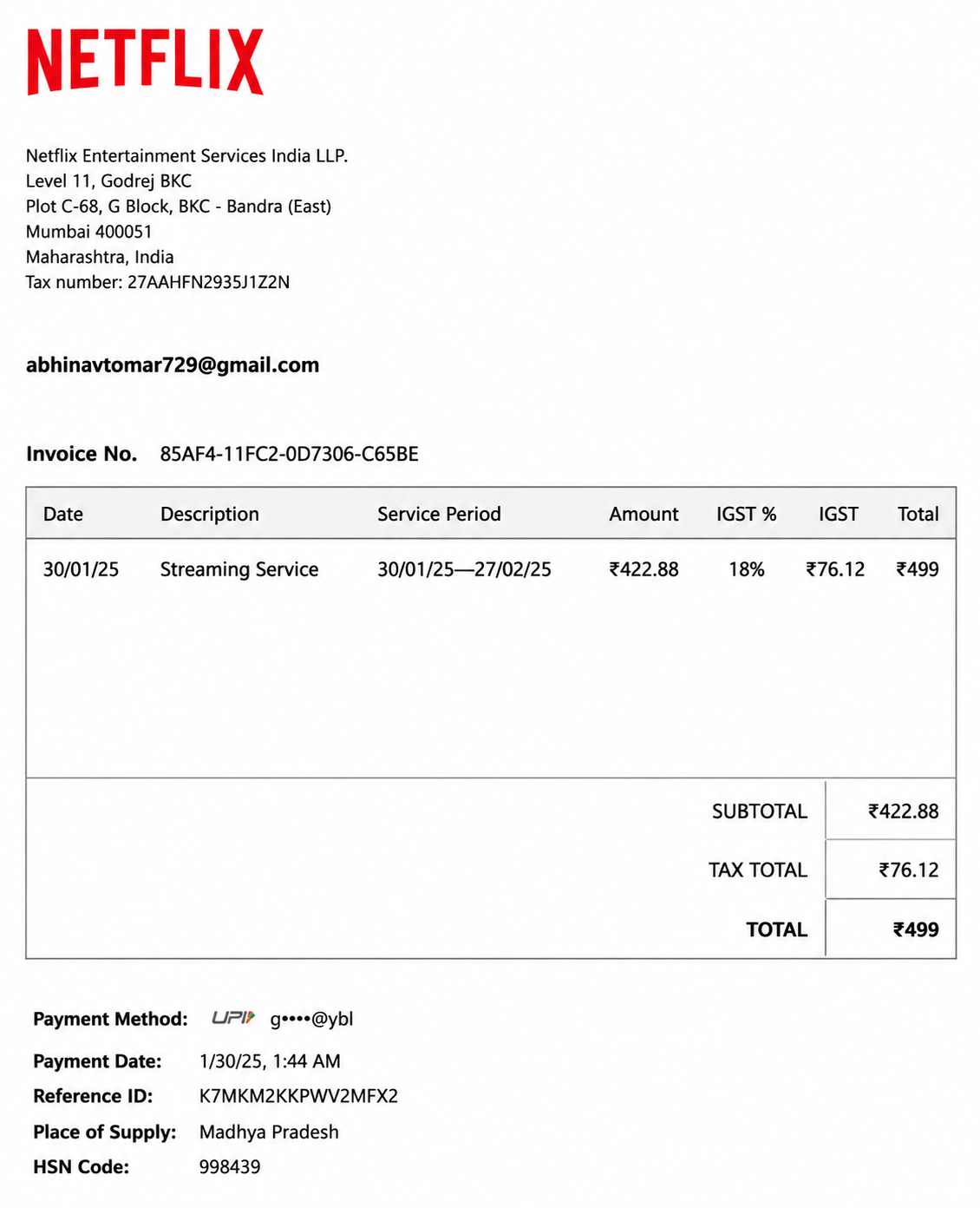 Netflix Invoice  - Free AI Invoice Generator, 50+ Real Invoice Examples