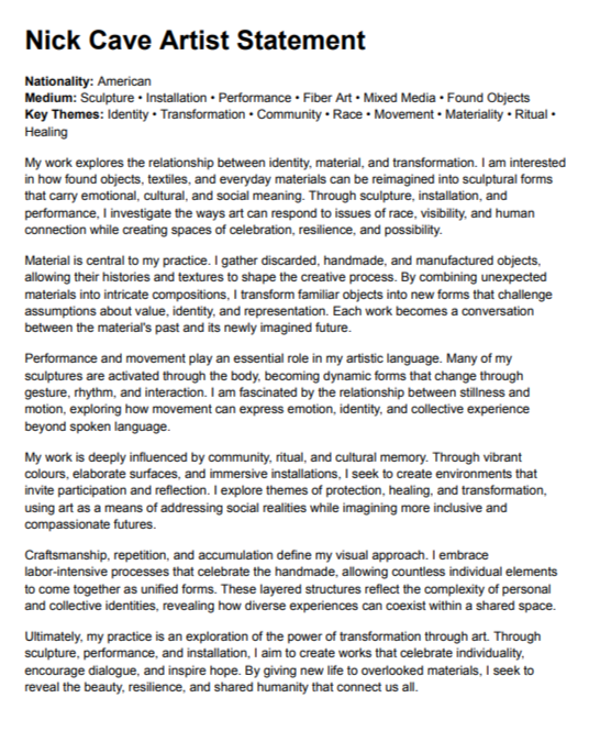 Nick Cave Artist Statement - Free AI Artist Statement Generator, 50+ Real Artist Statement Examples