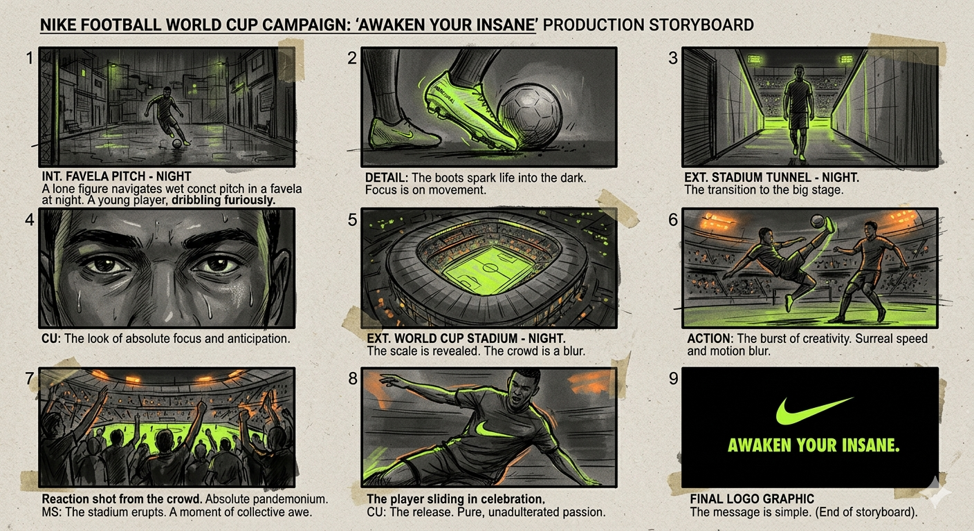 Nike Football World Cup Campaign Awaken Your Insane Production Storyboard - Free AI Storyboard Generator, 40+ Real Storyboard Examples