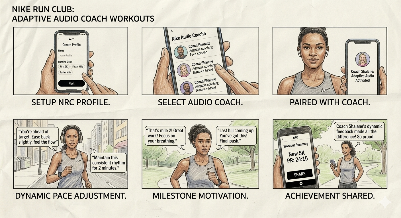 Nike Run Club Adaptive Audio Coach Workouts Storyboard - Free AI Storyboard Generator, 50+ Real Storyboard Examples