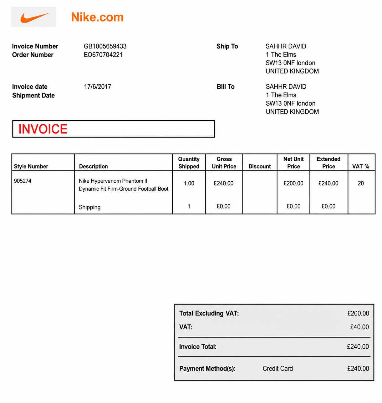 Nike Invoice  - Free AI Invoice Generator, 50+ Real Invoice Examples