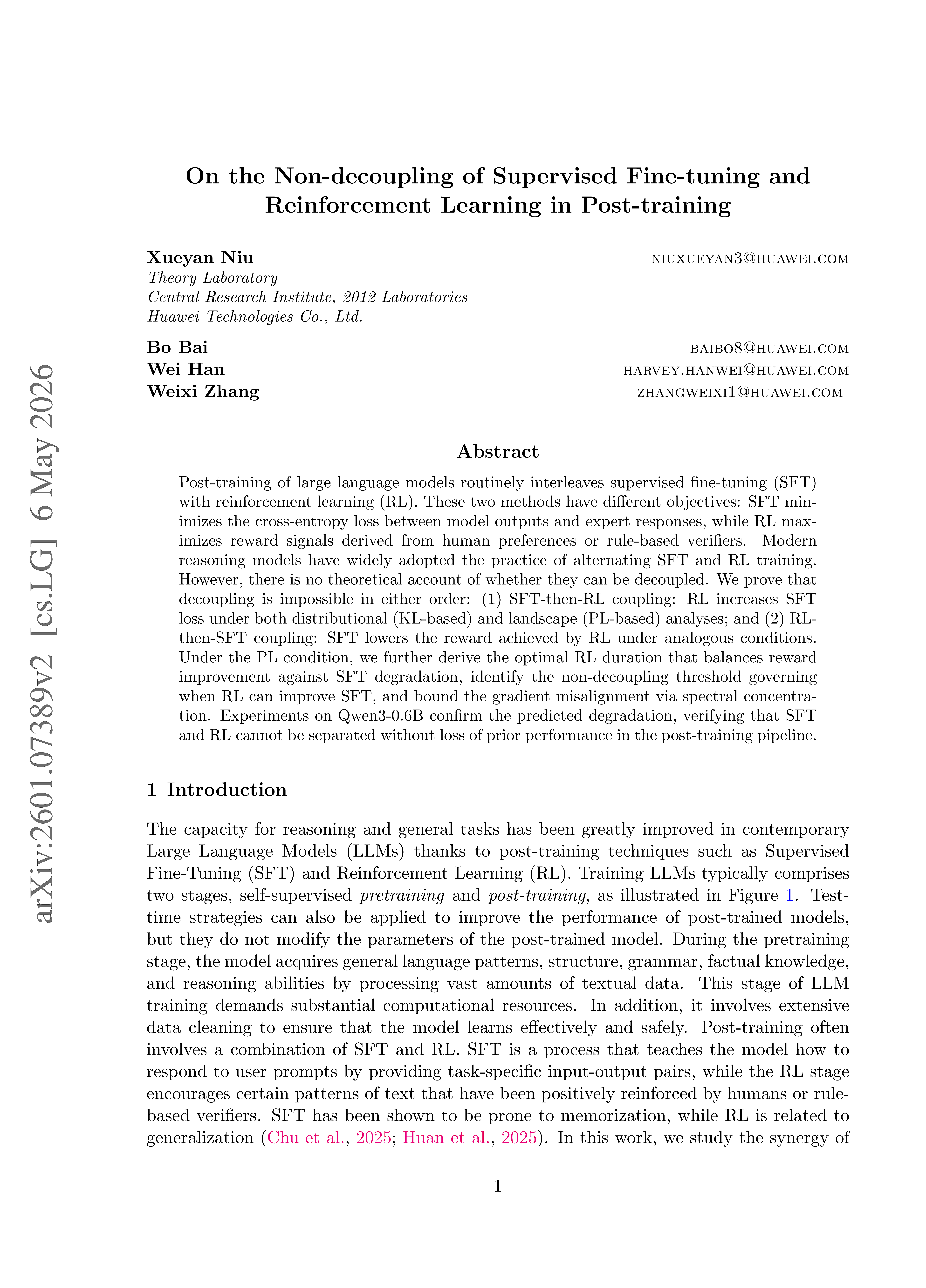 Non-decoupling of SFT and RL Research Paper by Huawei - Free AI Research Paper Generator, 50+ Real Research Paper Examples