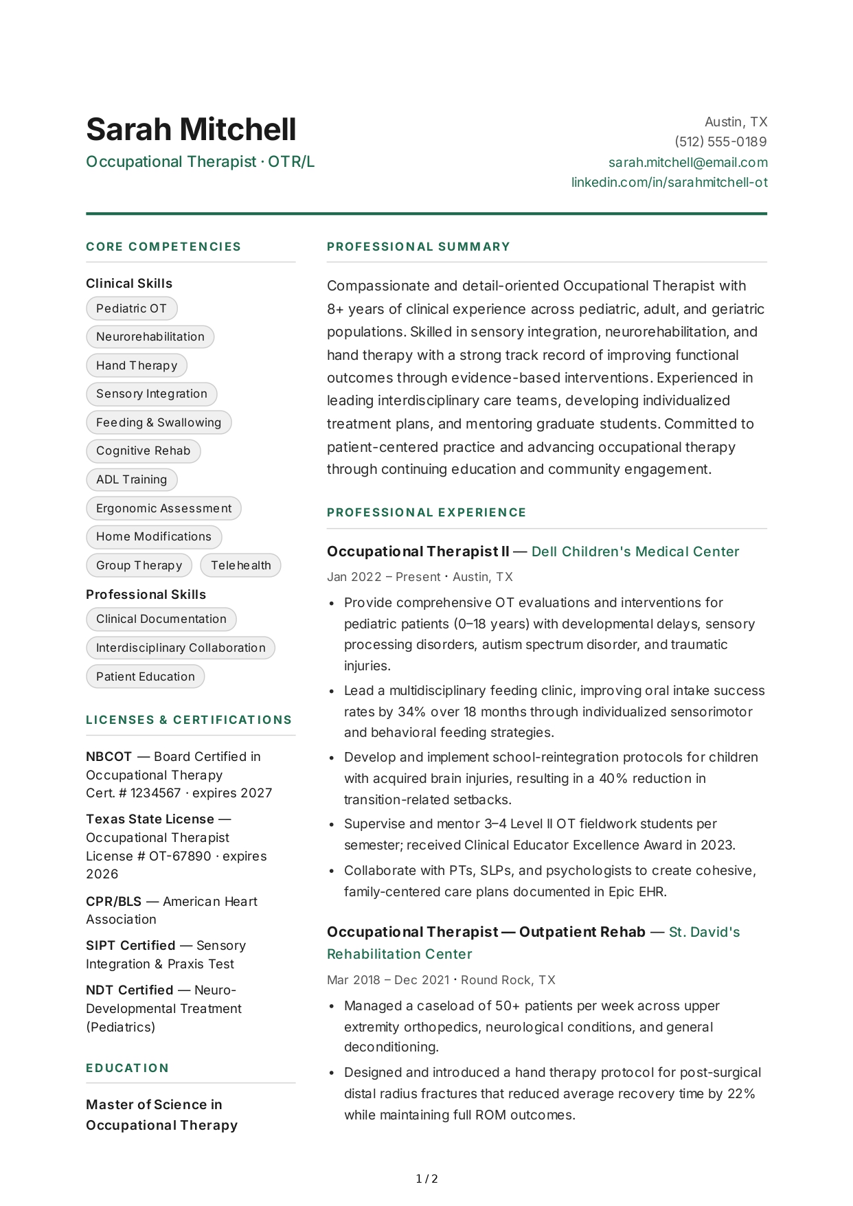Occupational Therapist CV - Free AI CV Maker, 50+ Real CV Examples