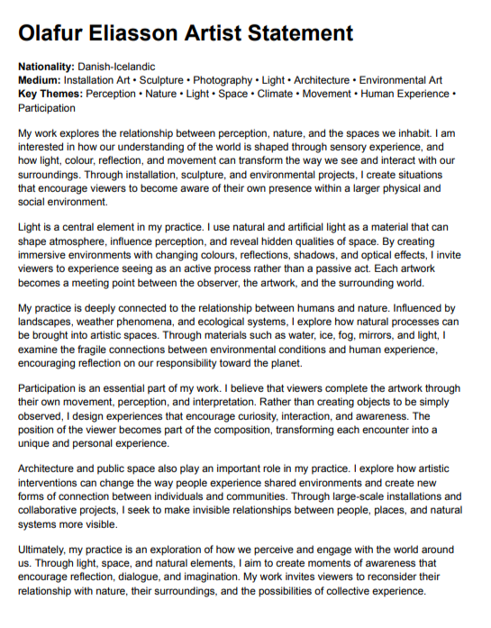Olafur Eliasson Artist Statement - Free AI Artist Statement Generator, 50+ Real Artist Statement Examples