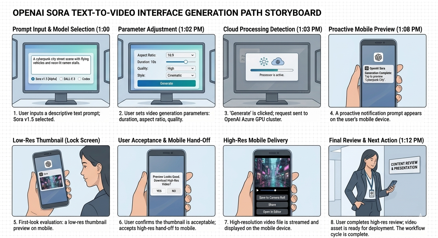 OpenAI Sora Text-to-Video Interface Generation Path Storyboard - Free AI Storyboard Generator, 50+ Real Storyboard Examples