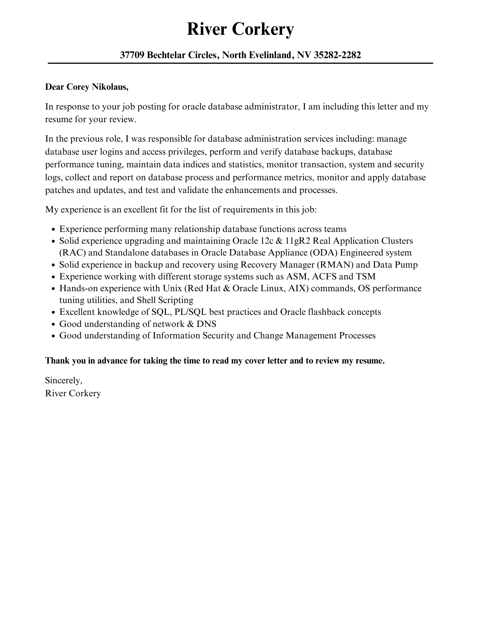 Oracle Database Administrator Cover Letter - Free AI Cover Letter Generator, 50+ Real Cover Letter Examples
