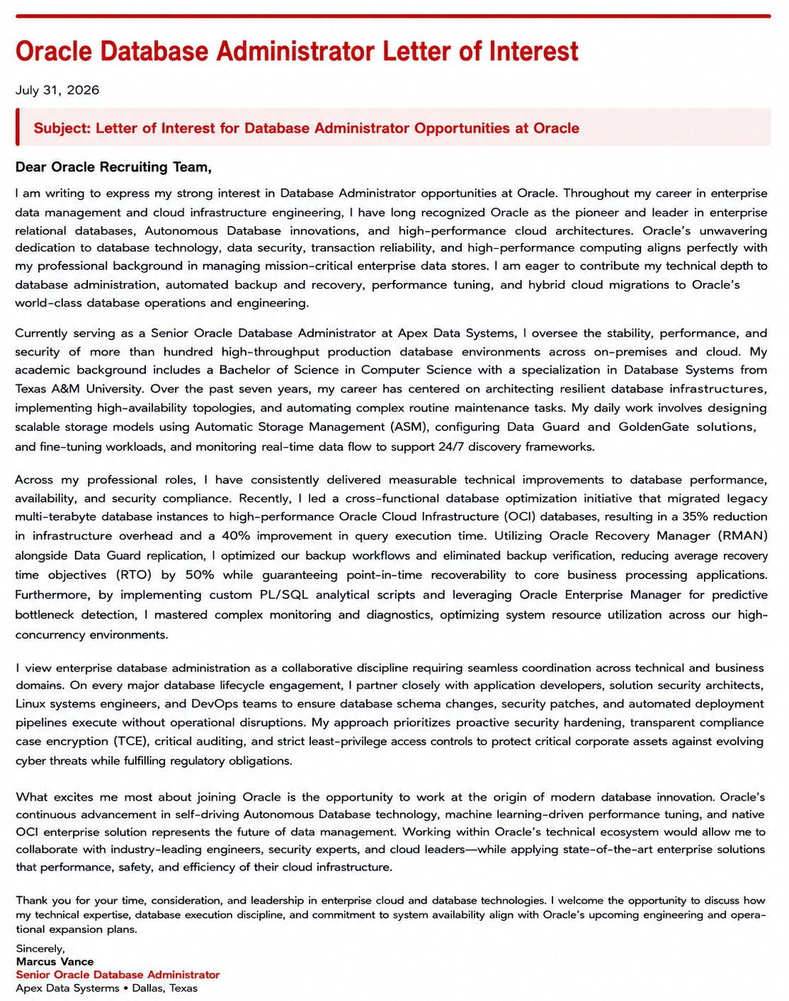 Oracle Database Administrator Letter of Interest - Free AI Letter of Interest Generator, 50+ Real Letter of Interest Examples