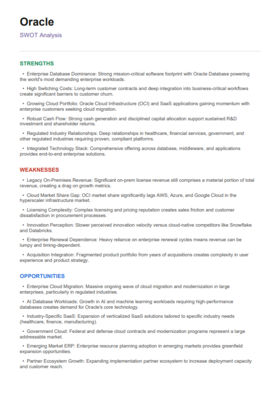 Oracle Swot Analysis  - Free AI swot analysis Generator, 50+ Real swot analysis Examples