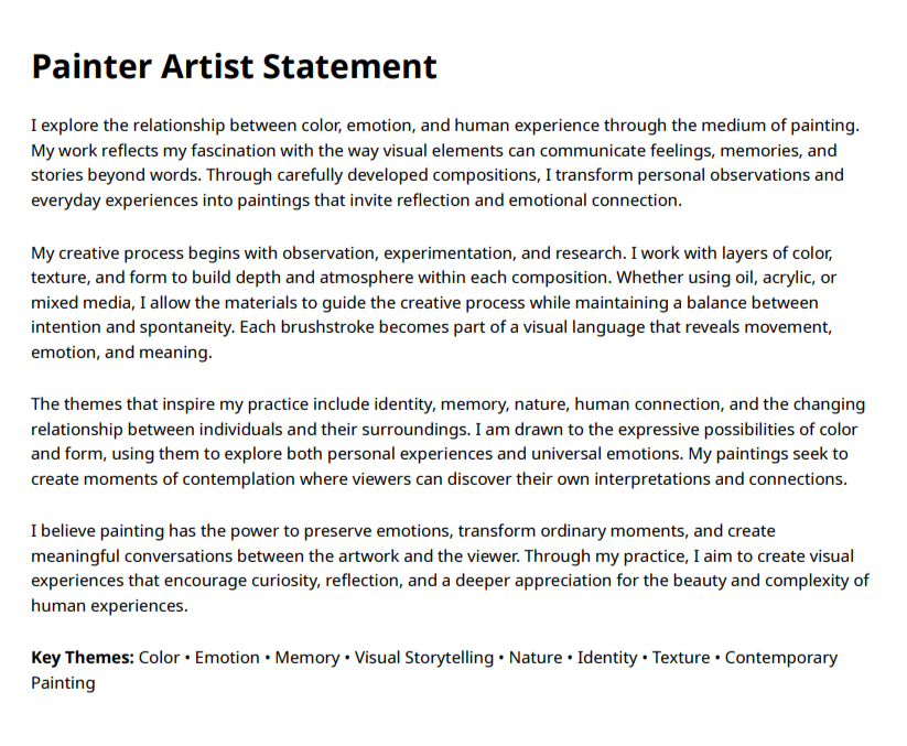 Painter Artist Statement - Free AI Artist Statement Generator, 50+ Real Artist Statement Examples