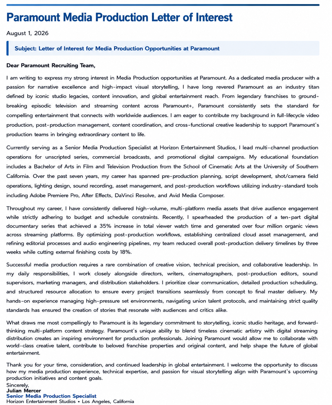 Paramount Media Production Letter of Interest - Free AI Letter of Interest Generator, 50+ Real Letter of Interest Examples