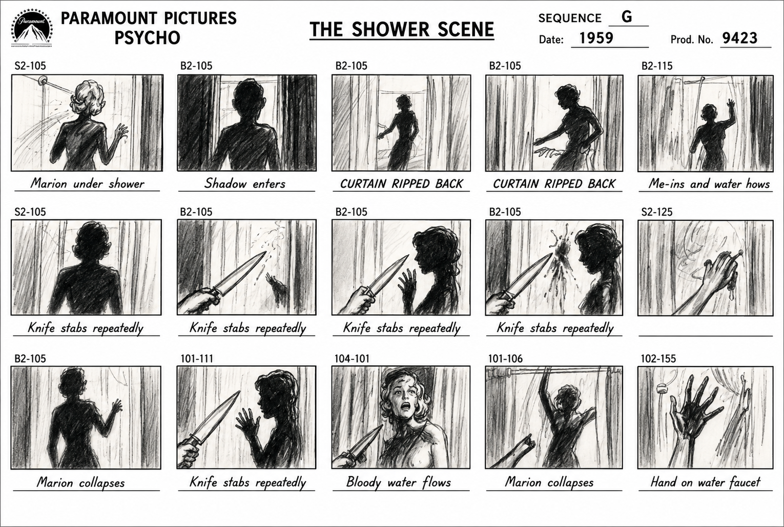 Paramount Pictures Psycho The Shower Scene Storyboard - Free AI Storyboard Generator, 40+ Real Storyboard Examples