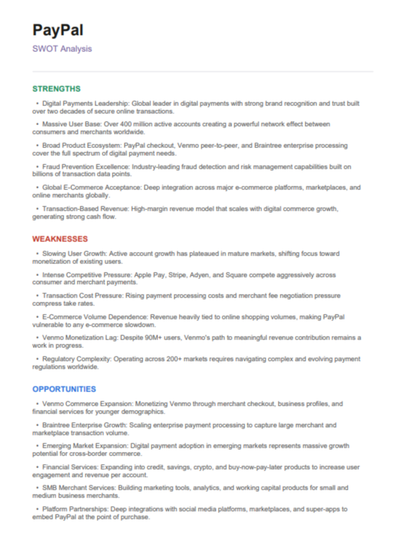 PayPal Swot Analysis  - Free AI swot analysis Generator, 50+ Real swot analysis Examples