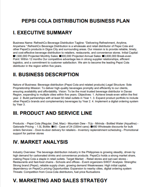 Pepsi Cola Business Plan  - Free AI Business Plan Generator, 50+ Real Business Plan Examples