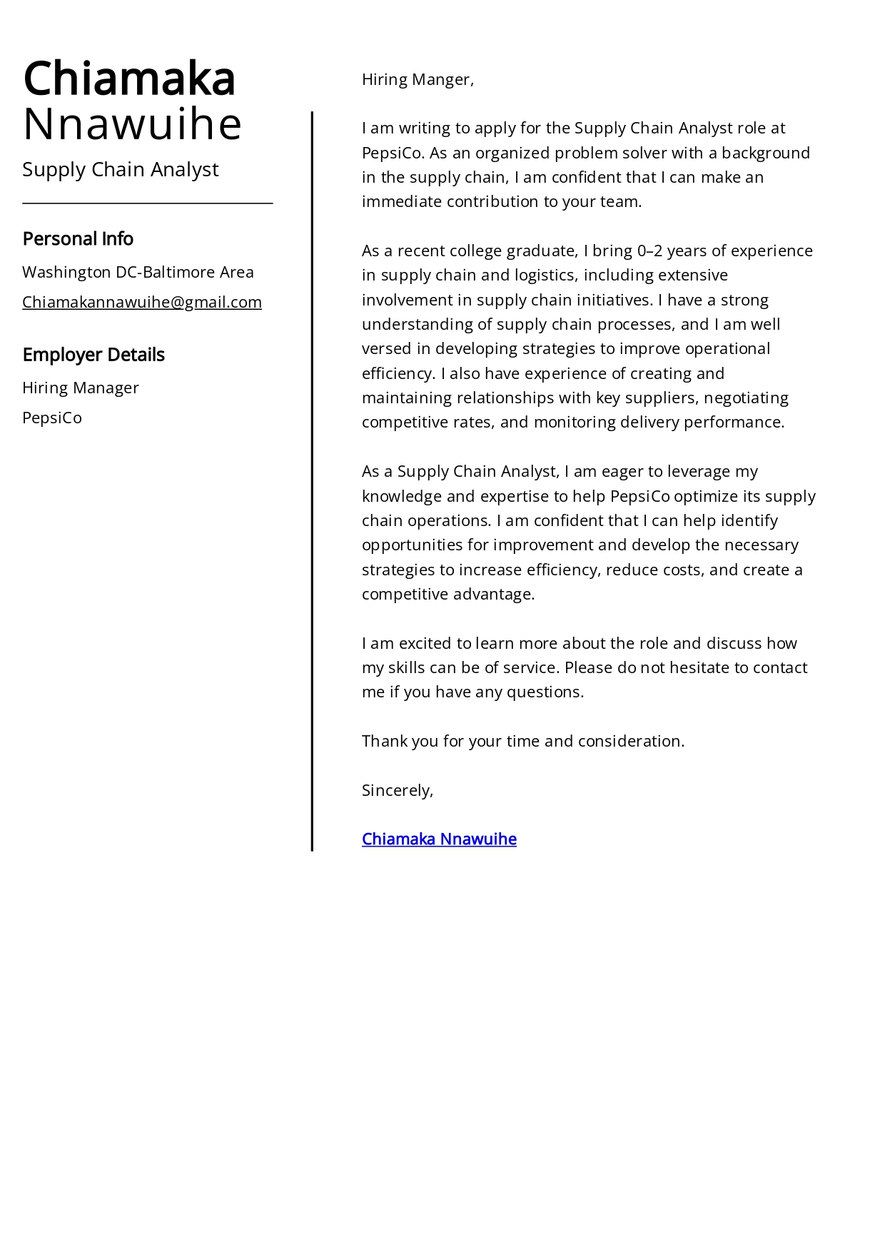 PepsiCo Supply Chain Analyst Cover Letter - Free AI Cover Letter Generator, 50+ Real Cover Letter Examples