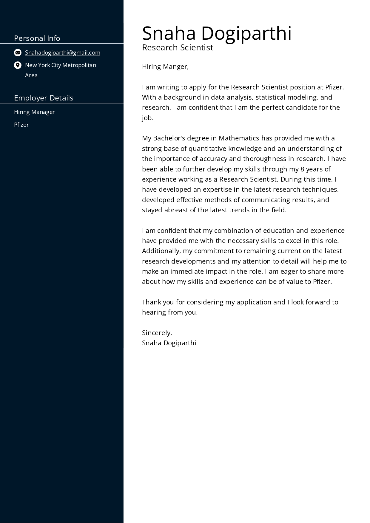 Pfizer Research Scientist Cover Letter - Free AI Cover Letter Generator, 50+ Real Cover Letter Examples