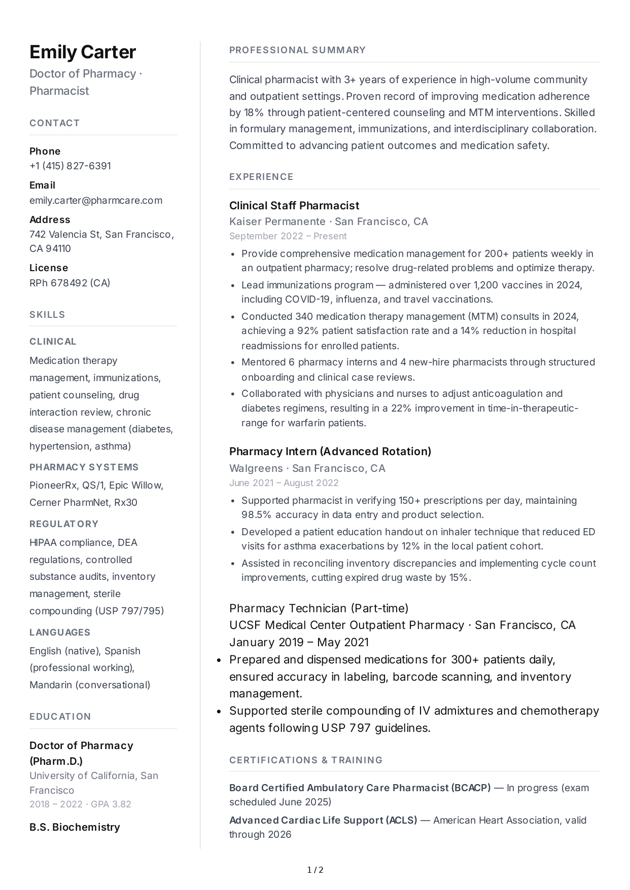 Pharmacist CV - Free AI CV Maker, 50+ Real CV Examples