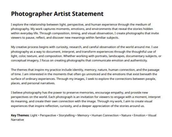 Photographer Artist Statement - Free AI Artist Statement Generator, 50+ Real Artist Statement Examples