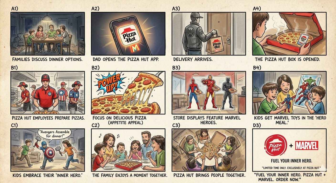 Pizza Hut Marvel Crossover Campaign Commercial Storyboard - Free AI Storyboard Generator, 40+ Real Storyboard Examples
