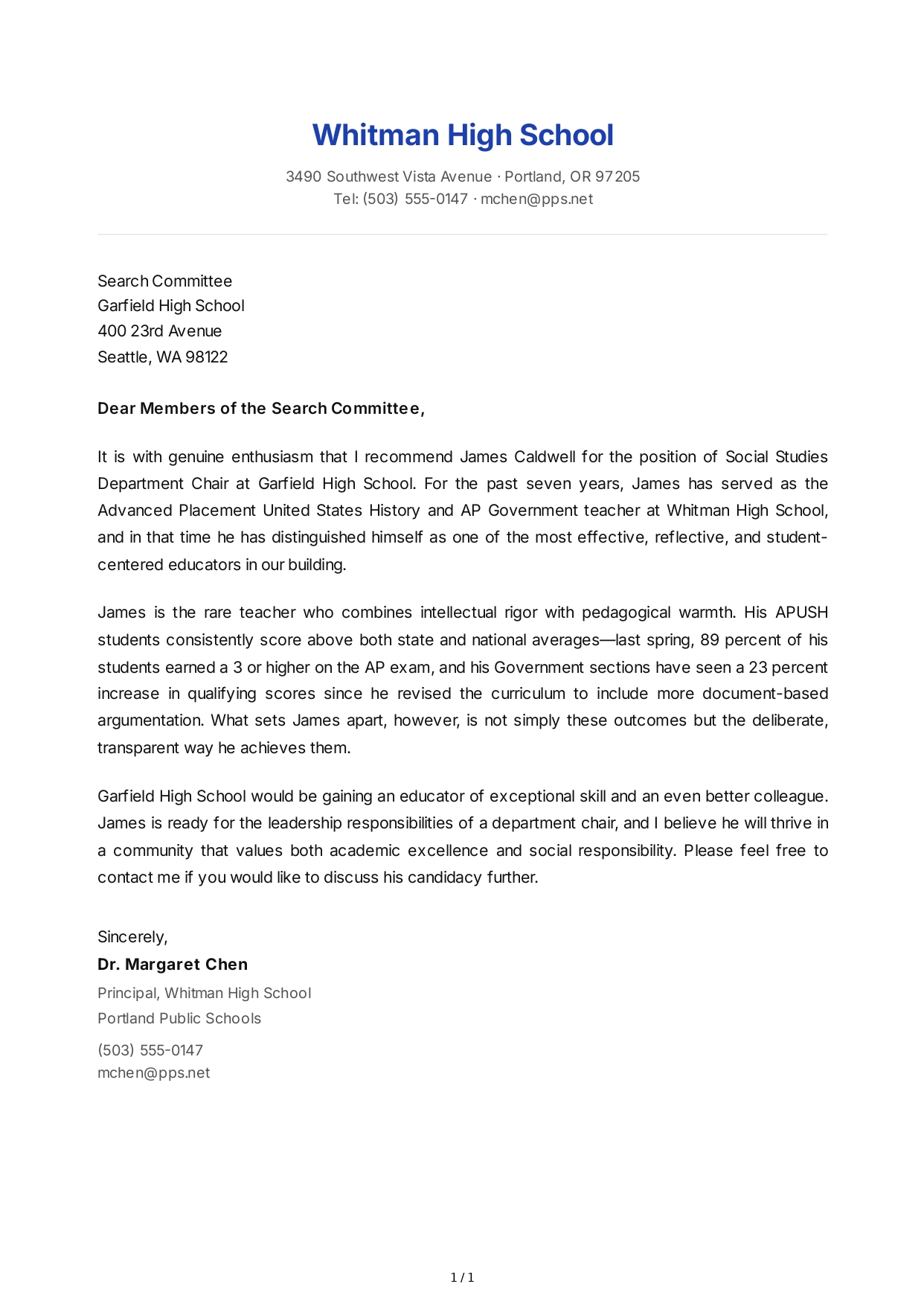 Principal Reference Letter - Free AI Reference Letter Generator, 50+ Real Reference Letter Examples
