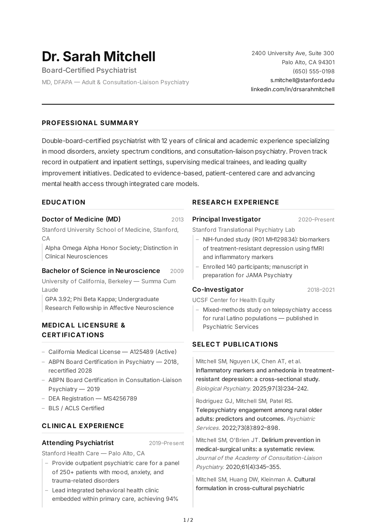 Psychiatrist CV - Free AI CV Maker, 50+ Real CV Examples