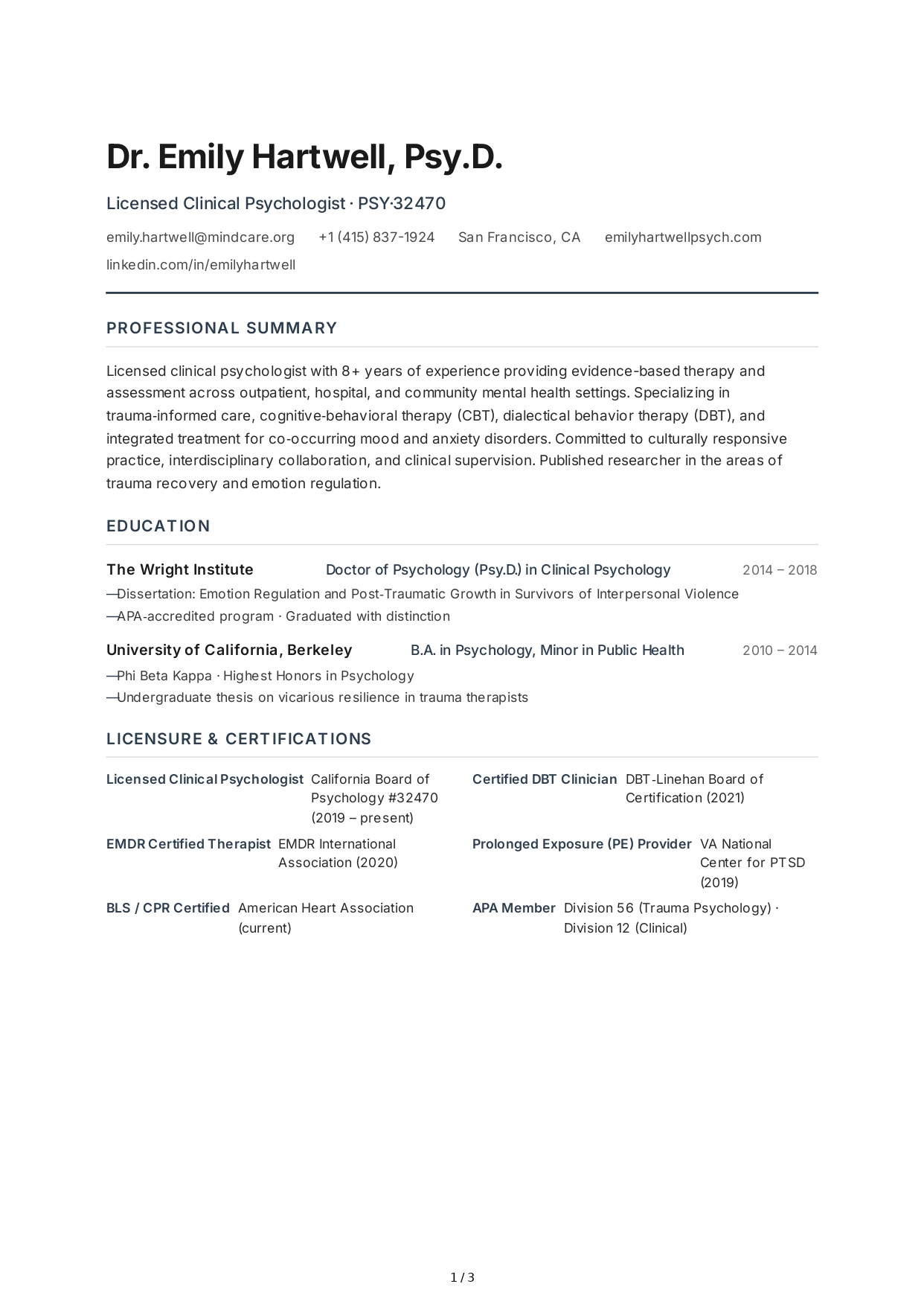 Psychologist CV - Free AI CV Maker, 50+ Real CV Examples