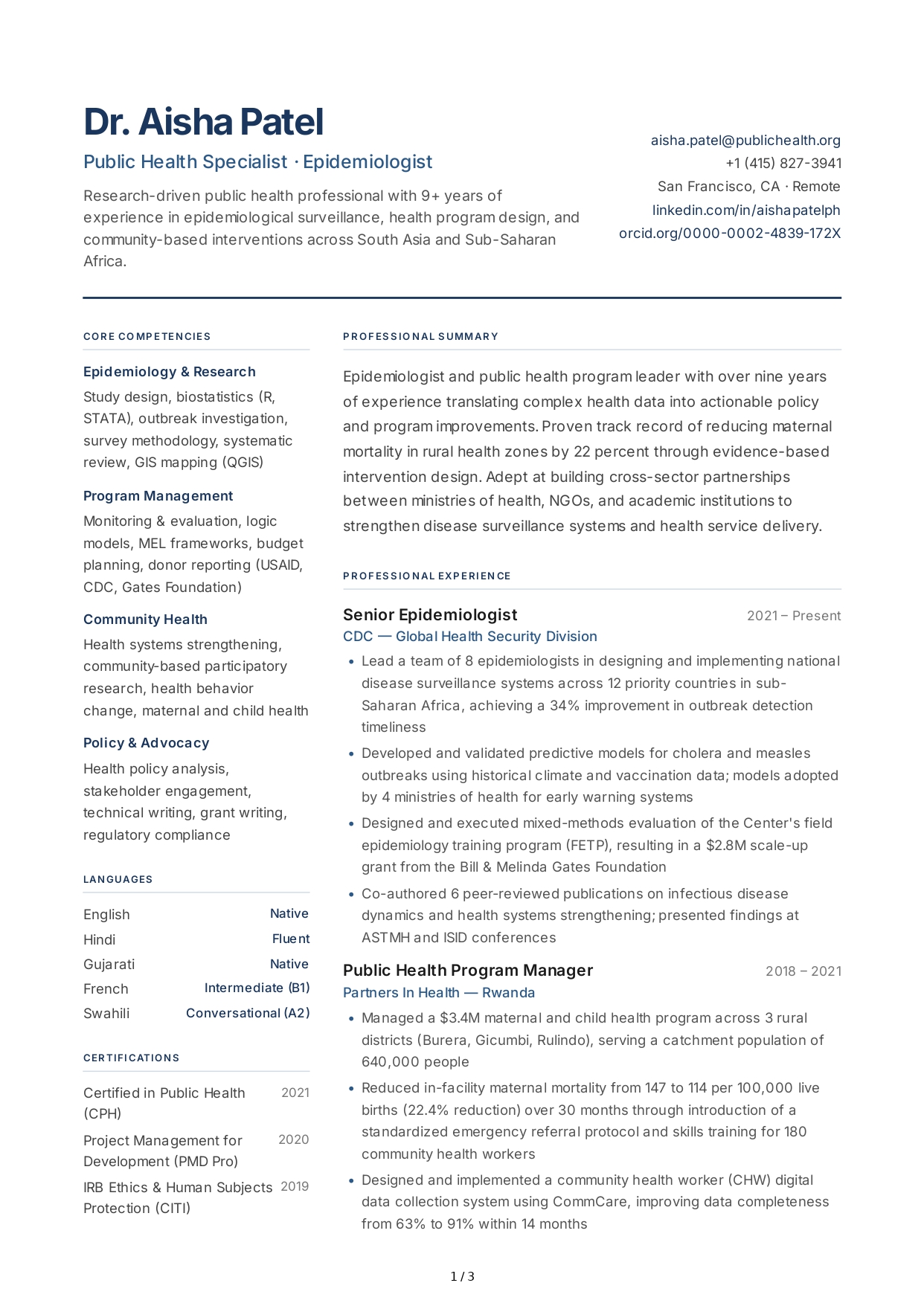 Public Health Professional CV - Free AI CV Maker, 50+ Real CV Examples