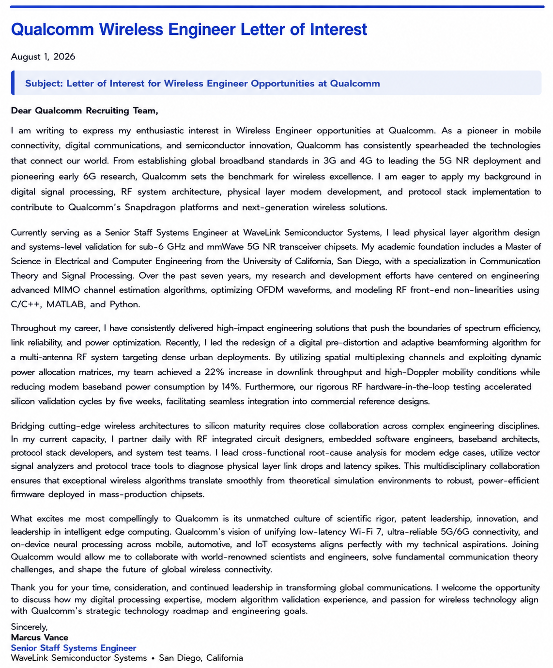 Qualcomm Wireless Engineer Letter of Interest - Free AI Letter of Interest Generator, 50+ Real Letter of Interest Examples