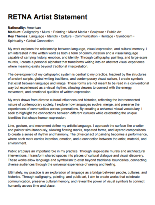 RETNA Artist Statement - Free AI Artist Statement Generator, 50+ Real Artist Statement Examples