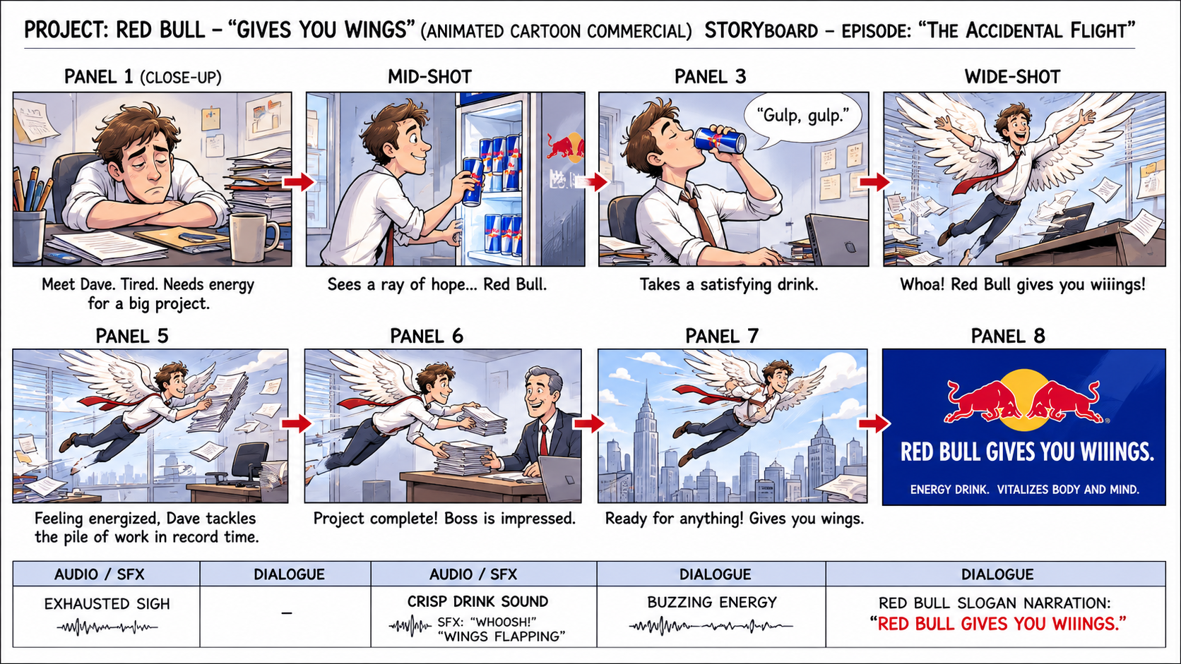 Red Bull Gives You Wings Animated Cartoon Commercial Storyboard - Free AI Storyboard Generator, 40+ Real Storyboard Examples