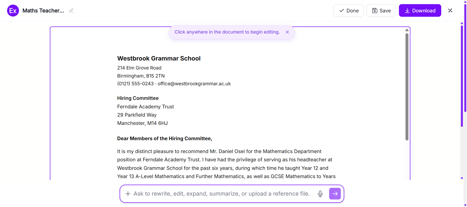 Reference Letter Examples