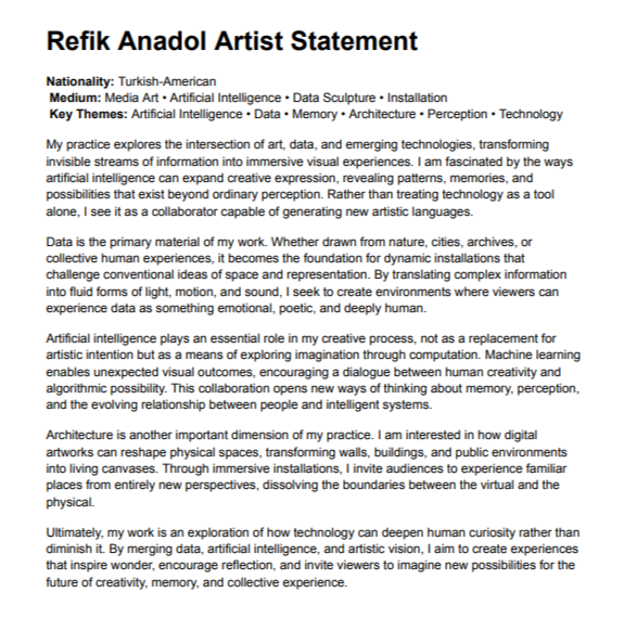 Refik Anadol Artist Statement - Free AI Artist Statement Generator, 50+ Real Artist Statement Examples