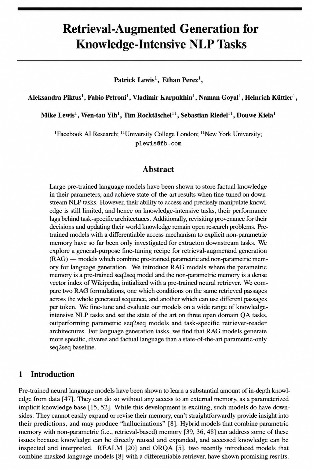 Retrieval-Augmented Generation Research Paper by Facebook AI - Free AI Research Paper Generator, 50+ Real Research Paper Examples