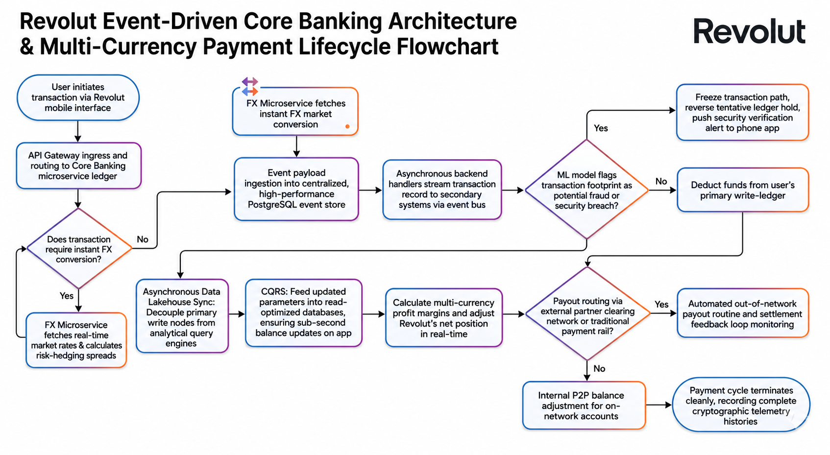 Revolut Event-Driven Core Banking & Multi-Currency Payment Flowchart - Free AI Flowchart Generator, 50+ Real Flowchart Examples