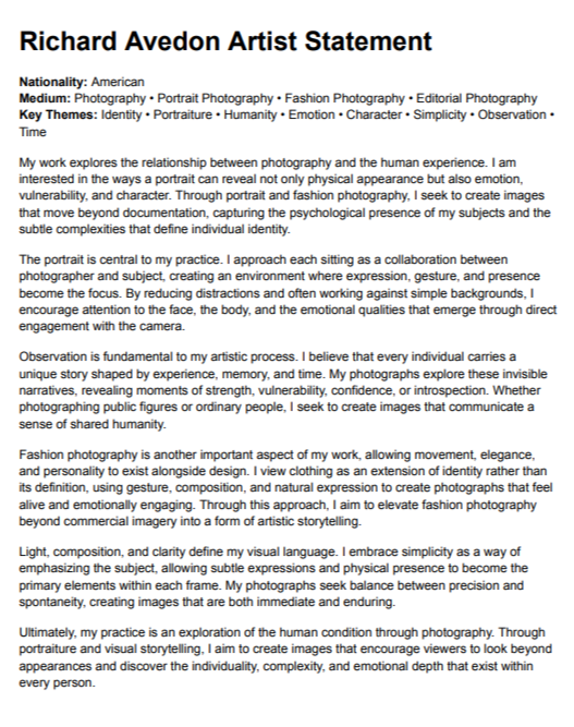 Richard Avedon Artist Statement - Free AI Artist Statement Generator, 50+ Real Artist Statement Examples