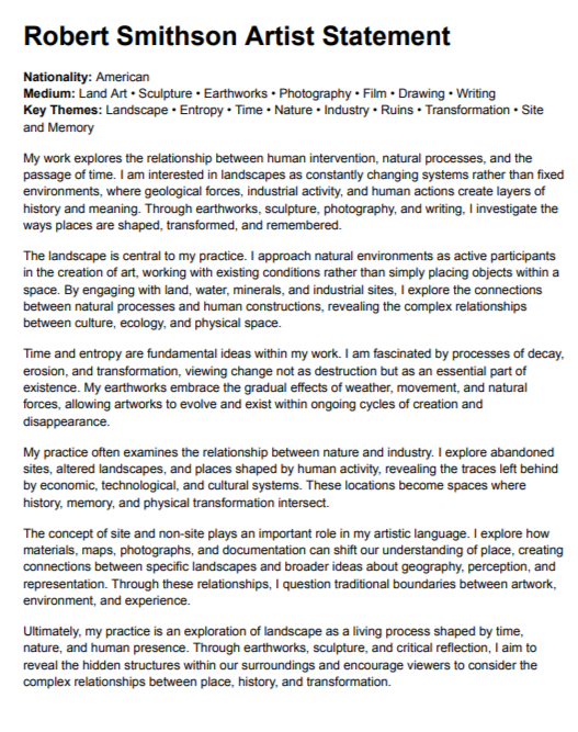 Robert Smithson Artist Statement - Free AI Artist Statement Generator, 50+ Real Artist Statement Examples